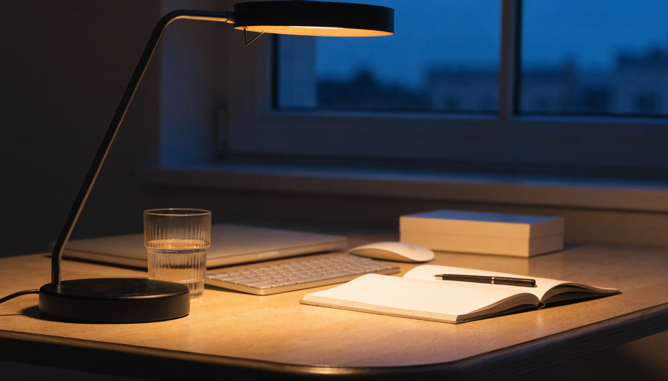 Lampe de bureau articulée allumée sur un bureau, le soir, éclairant un carnet ouvert Image