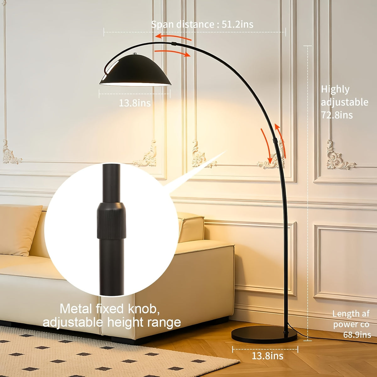 Lampe de bureau en arc noire à mât réglable, 185 cm de haut