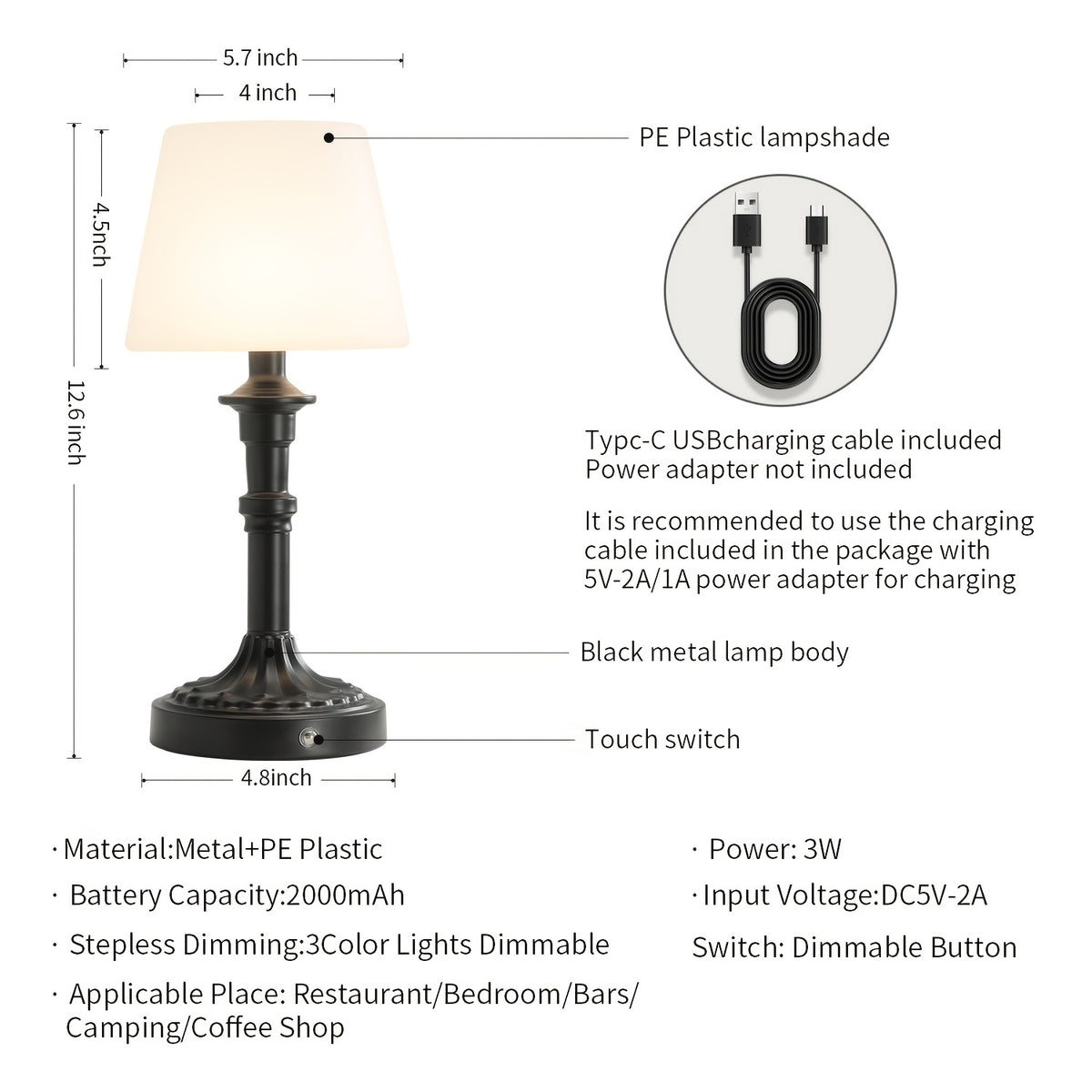 Lampe de chevet en métal — Intensité réglable, vue de dos