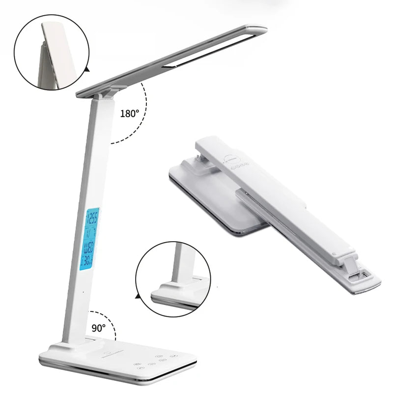 Lampe de bureau LED articulée - Chargeur sans fil et horloge.