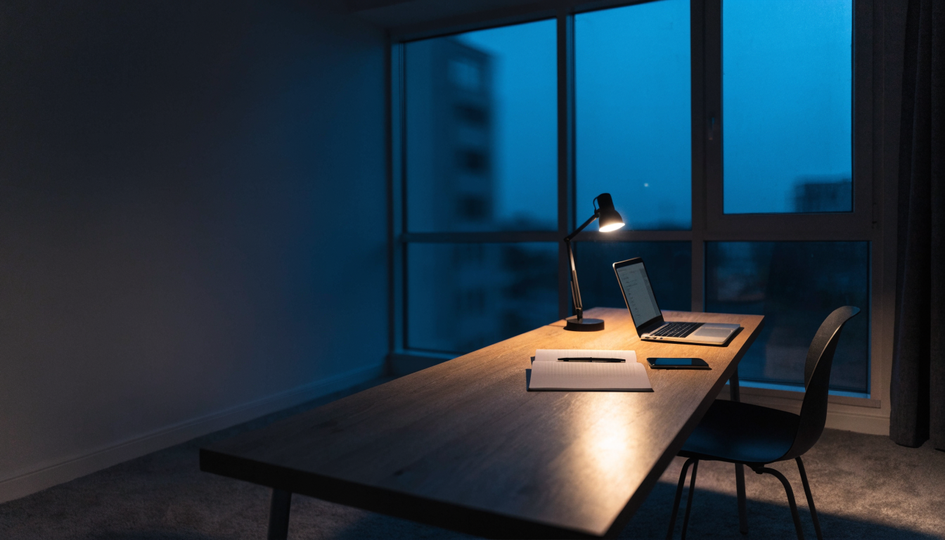Bureau moderne le soir, lampe LED allumée sur un plateau en bois