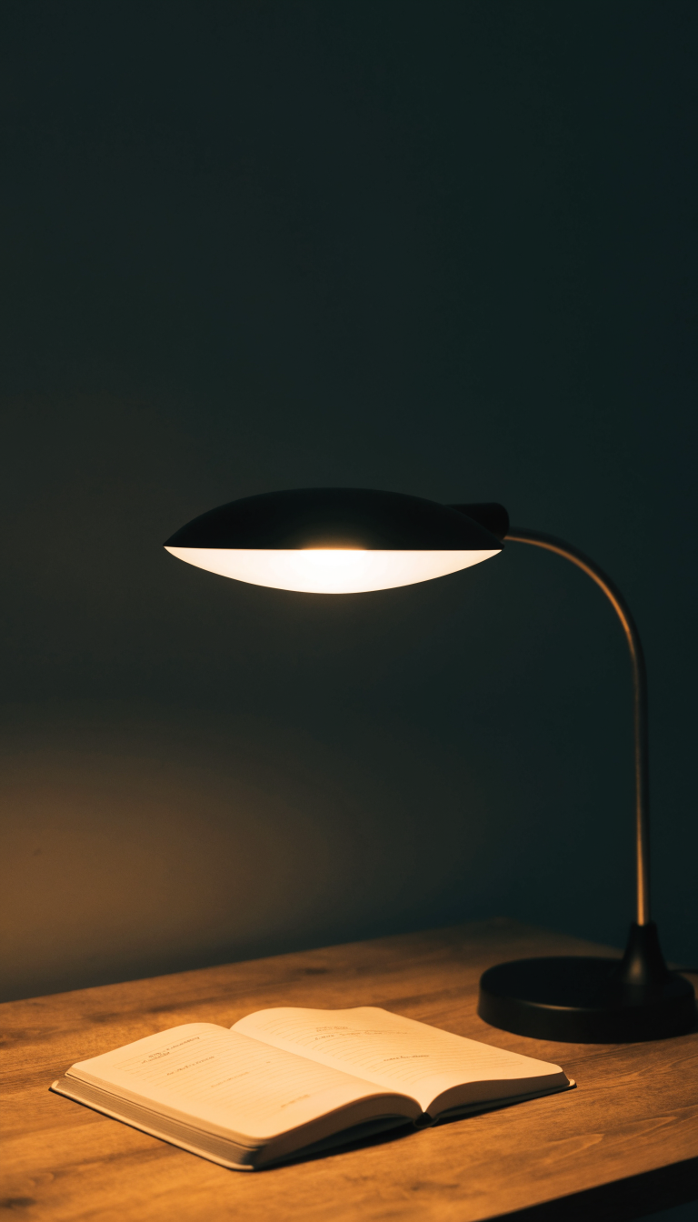 Lampe de bureau LED allumée au-dessus d'un carnet ouvert, vue verticale