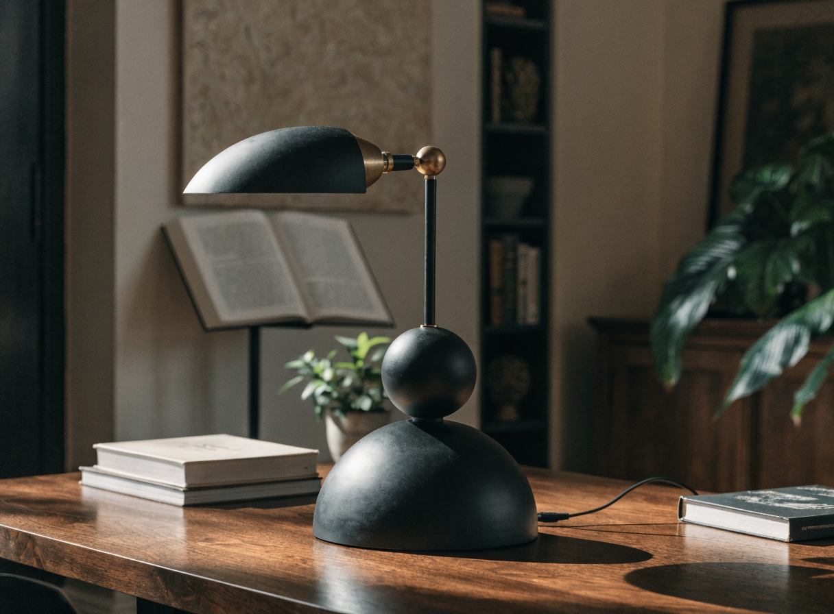 Lampe de bureau sculpturale noire et laiton sur un bureau en noyer Image
