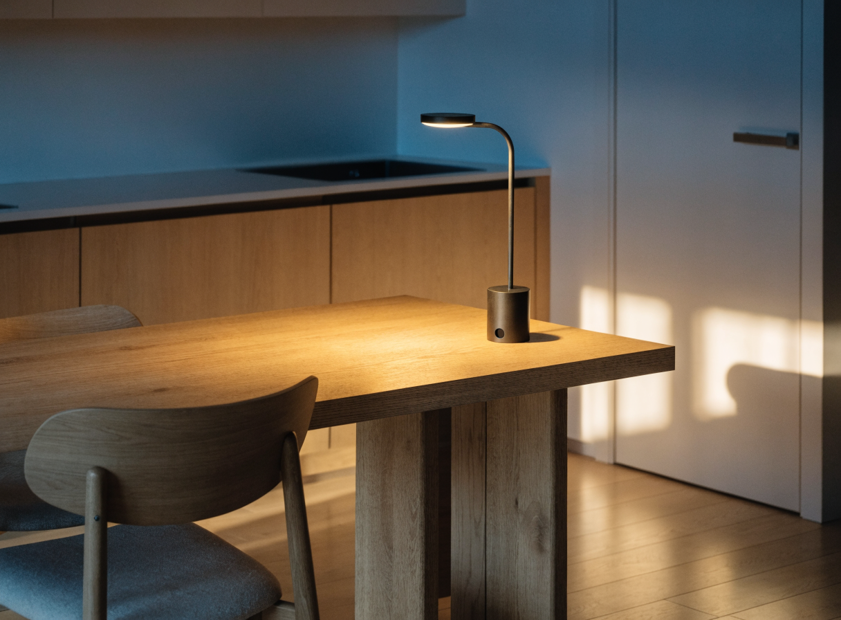 Lampe rechargeable sans fil posée sur un îlot de cuisine, loin de toute prise Image