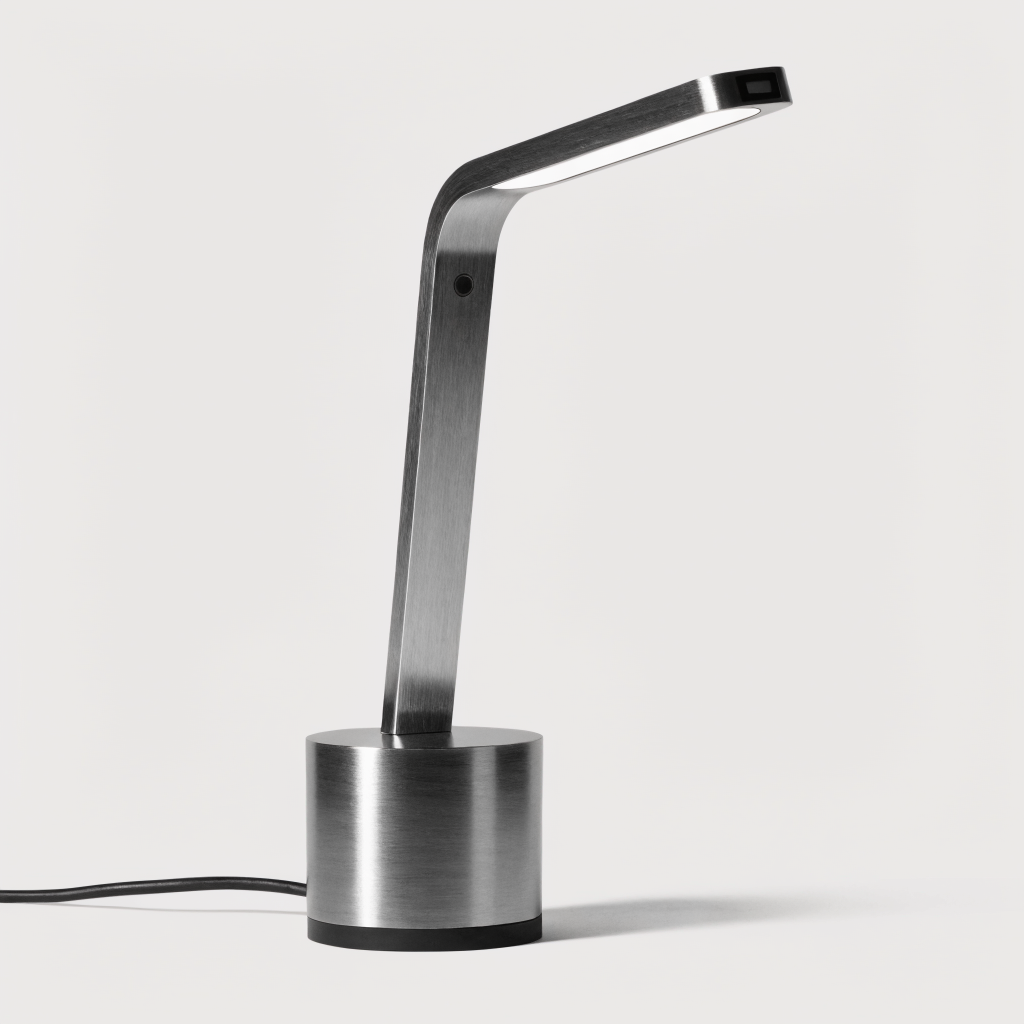Lampe de bureau LED au corps fin en aluminium, vue trois quarts