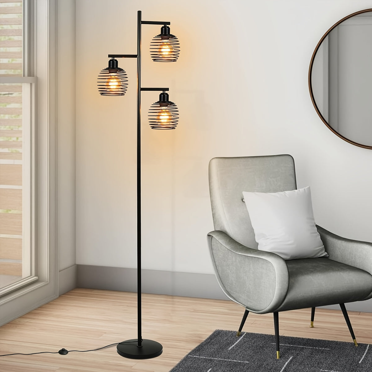 Lampe de bureau industrielle noire à trois cages, 152 cm