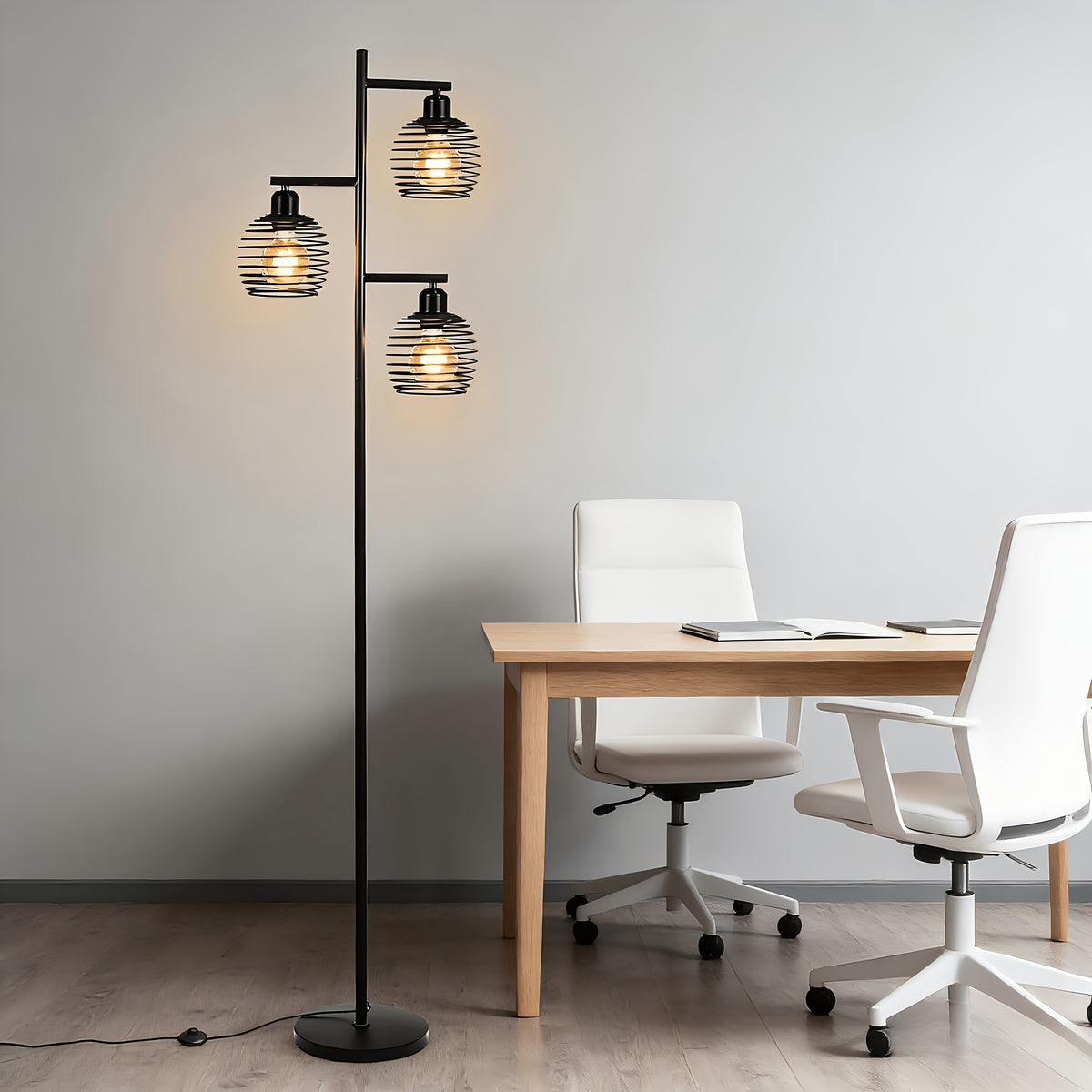 Lampe de bureau industrielle noire à trois cages, 152 cm