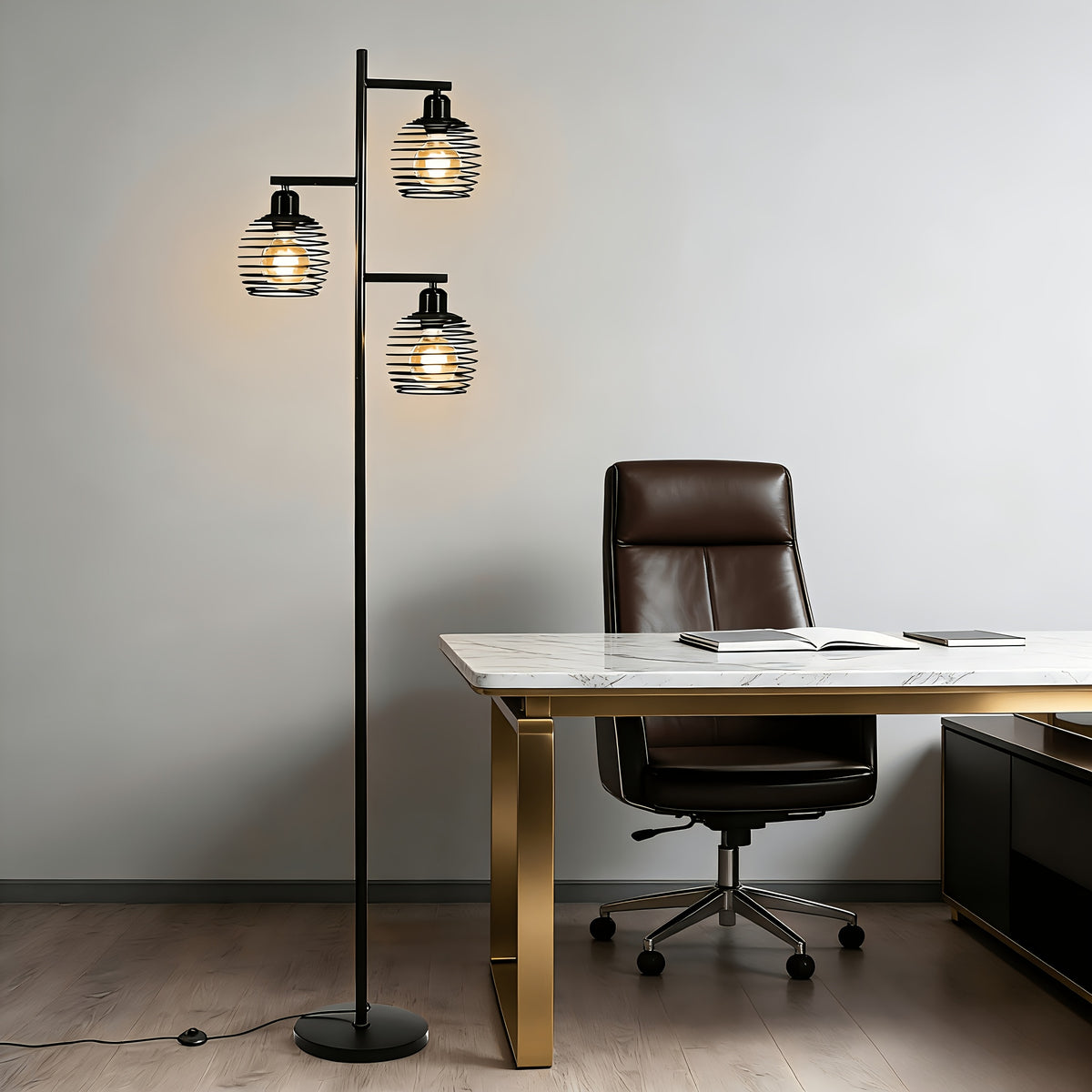 Lampe de bureau industrielle noire à trois cages, 152 cm