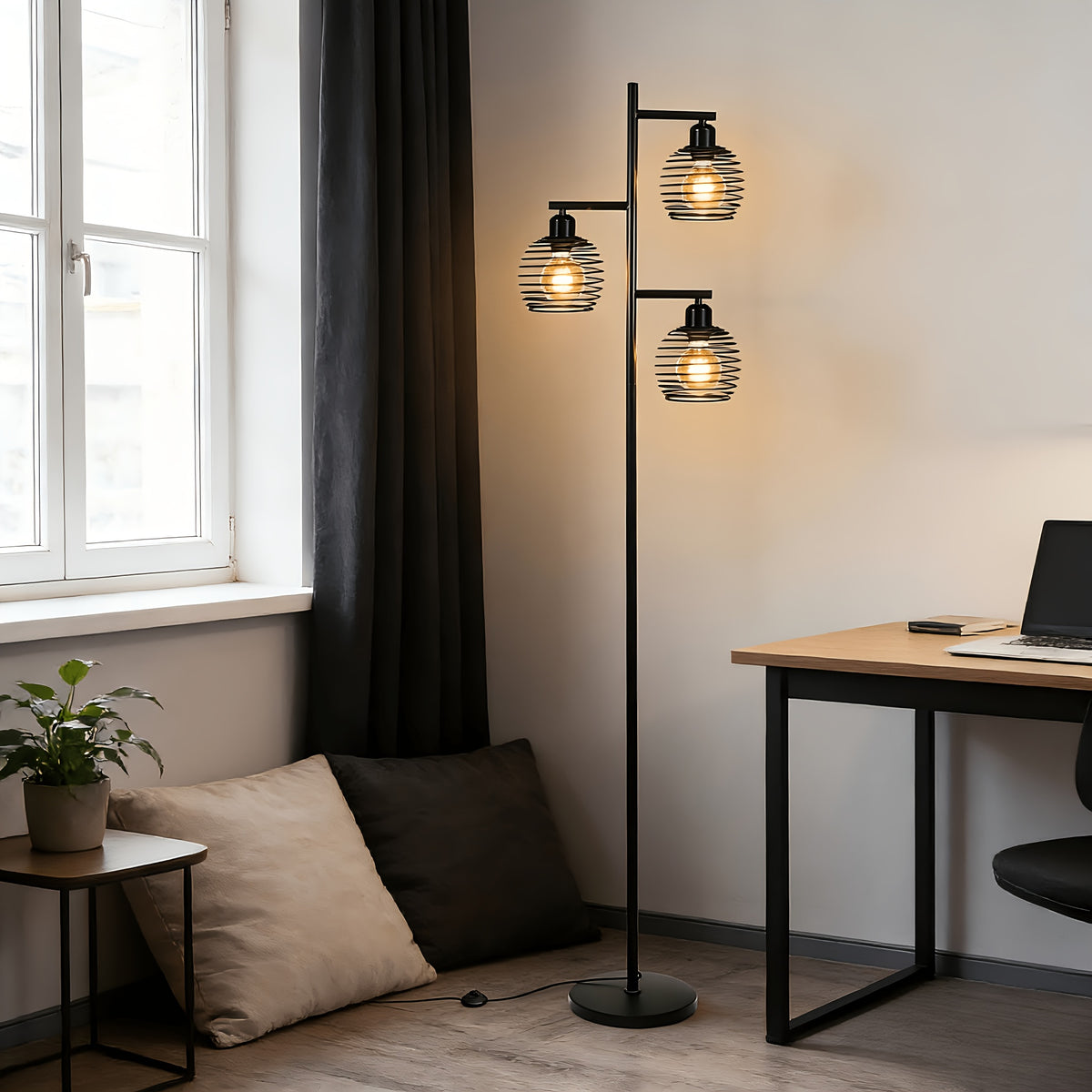 Lampe de bureau industrielle noire à trois cages, 152 cm
