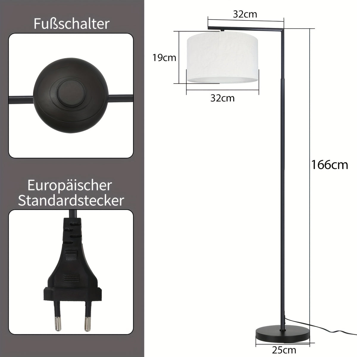 Lampe de bureau sur pied à abat-jour tissu déporté 166 cm