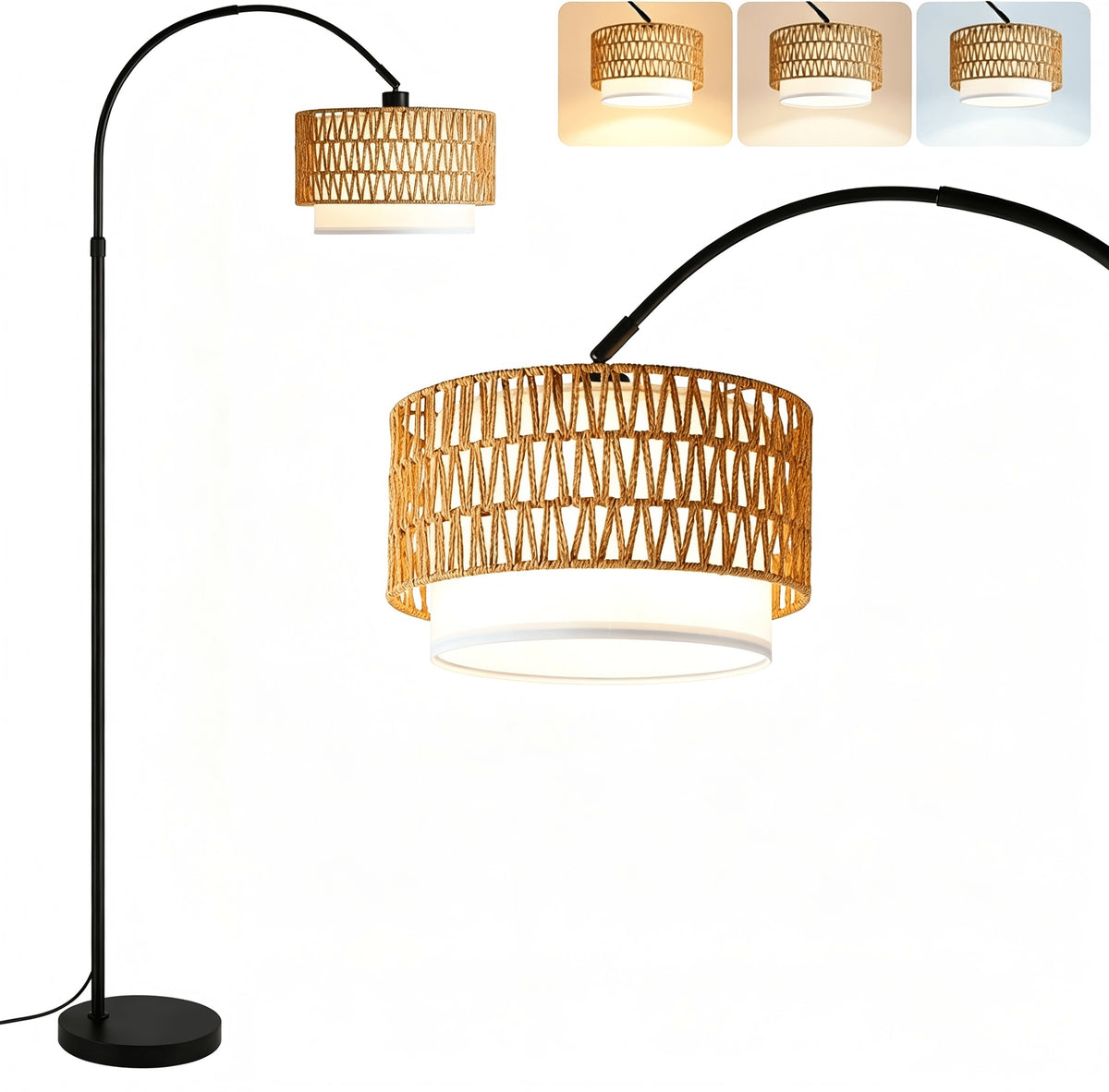 Lampe de bureau arc à abat-jour tressé et mât télescopique