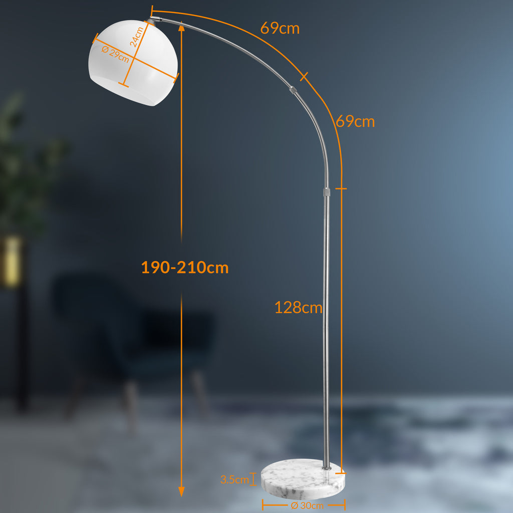Lampe de bureau arc blanche, socle marbre et globe opale