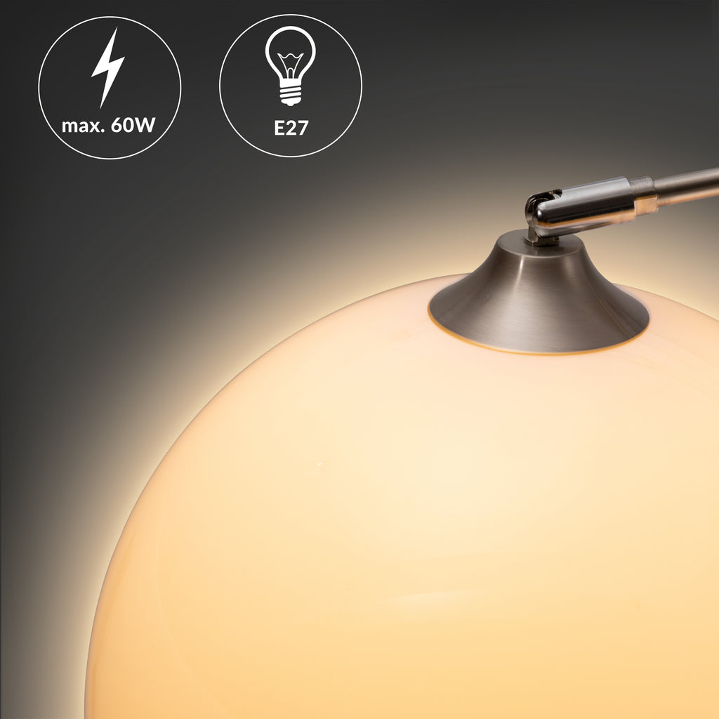 Lampe de bureau arc blanche, socle marbre et globe opale