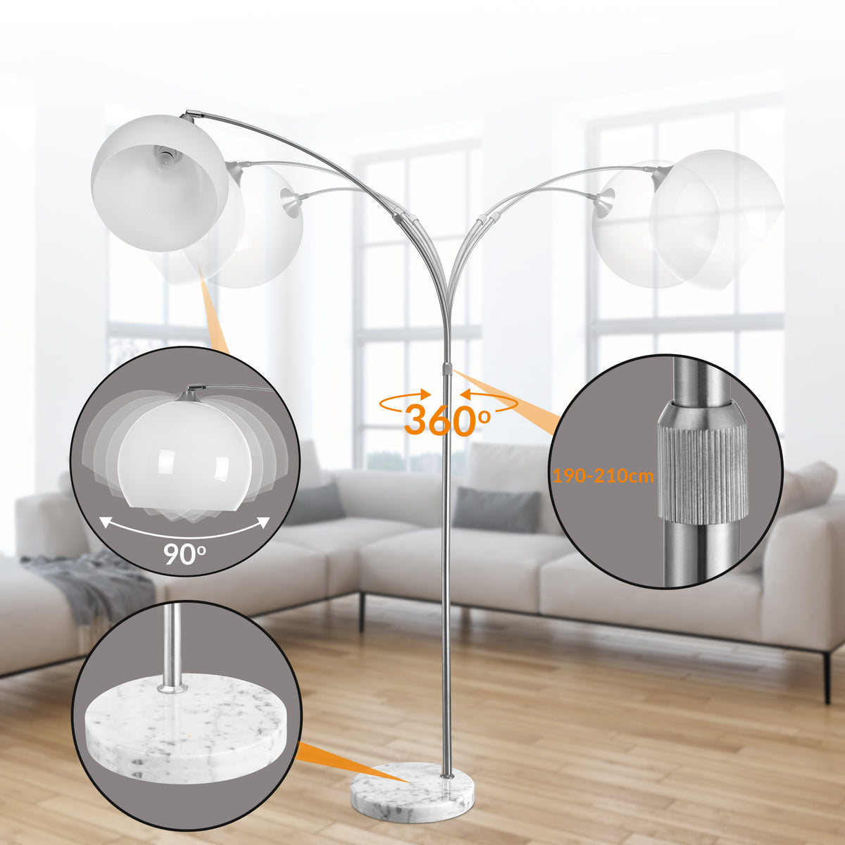 Lampe de bureau arc blanche, socle marbre et globe opale