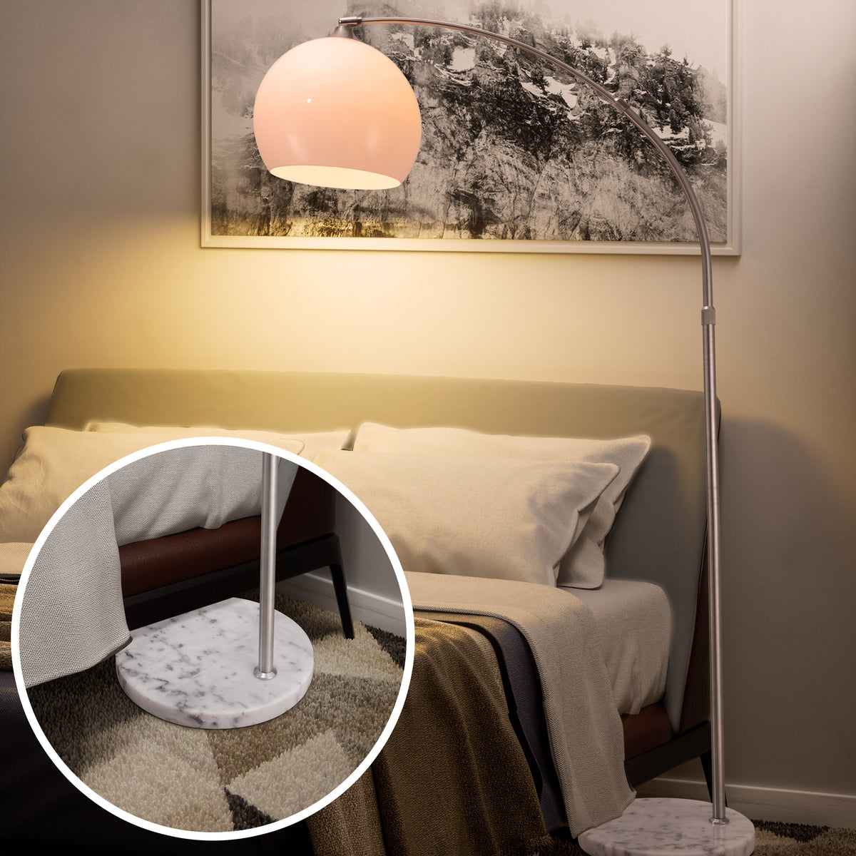 Lampe de bureau arc blanche, socle marbre et globe opale