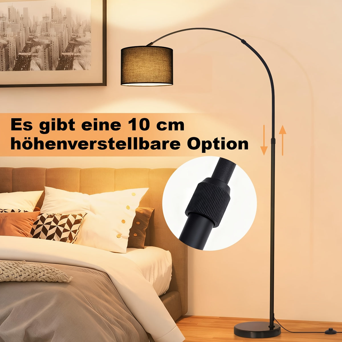 Lampe de bureau arc à socle en marbre et abat-jour tissu