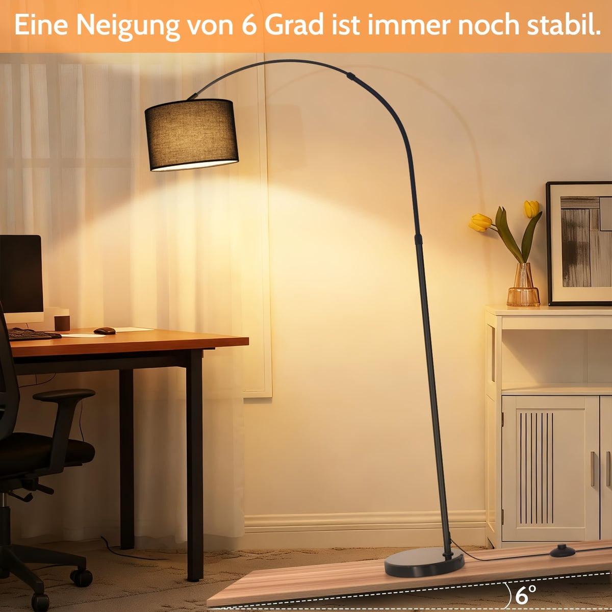 Lampe de bureau arc à socle en marbre et abat-jour tissu