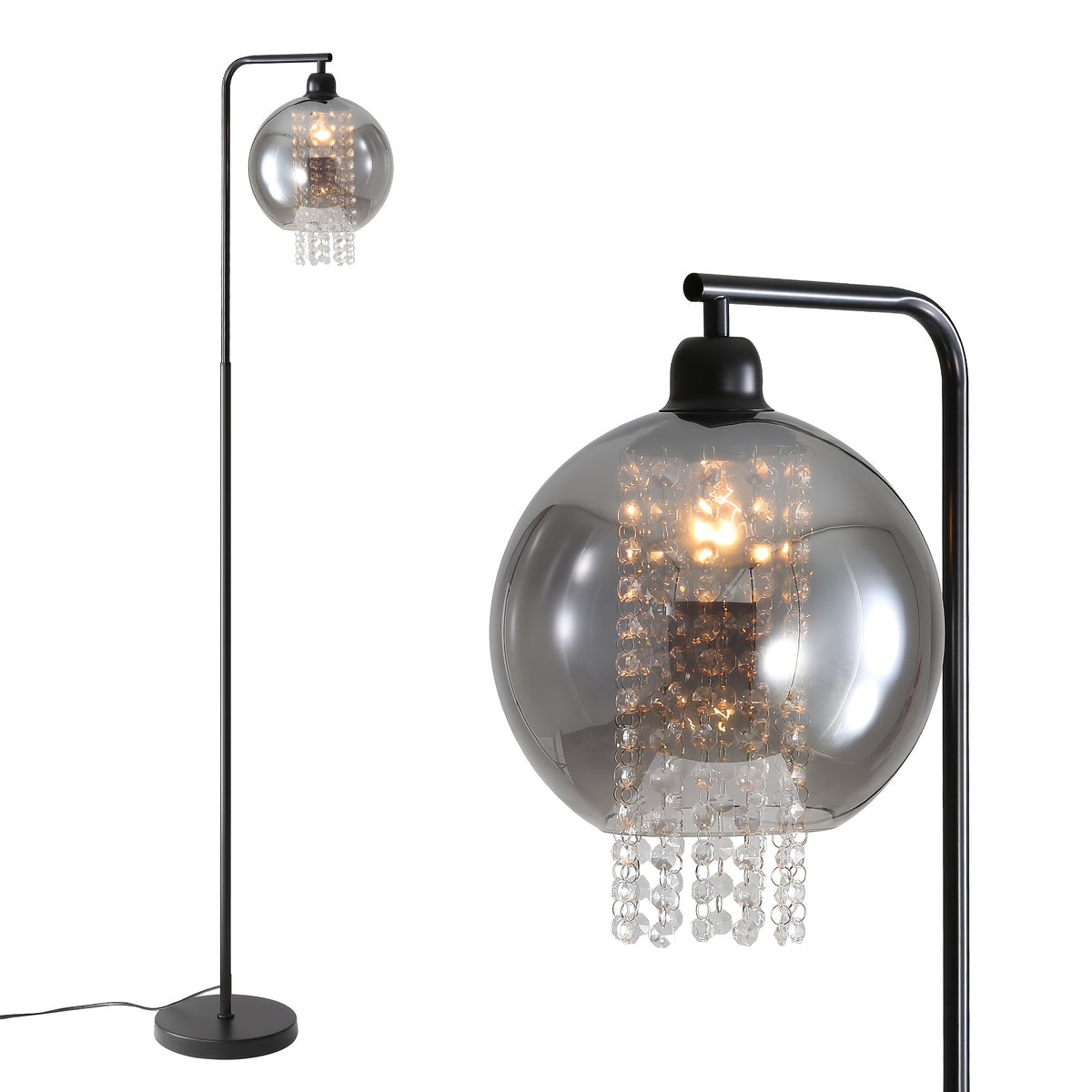 Lampe de bureau arceau à globe fumé et pampilles facettées