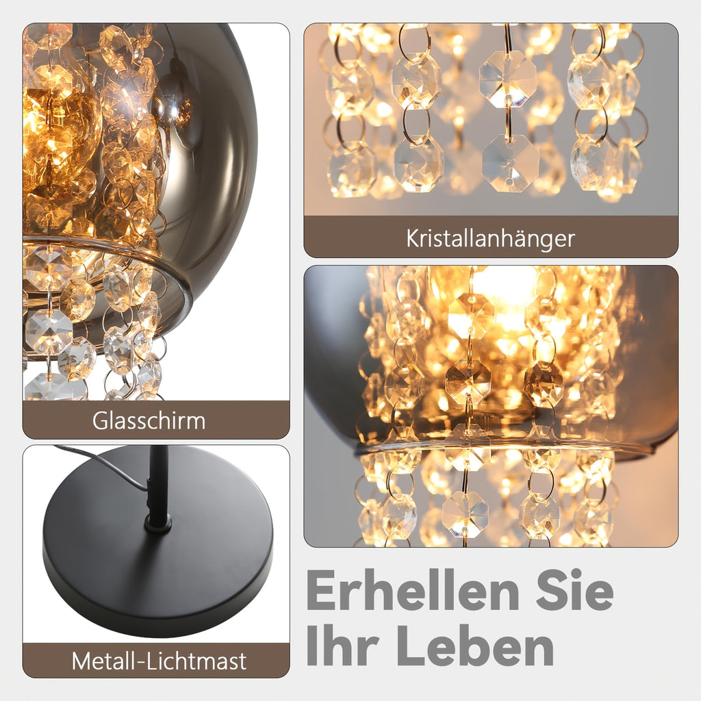 Lampe de bureau arceau à globe fumé et pampilles facettées