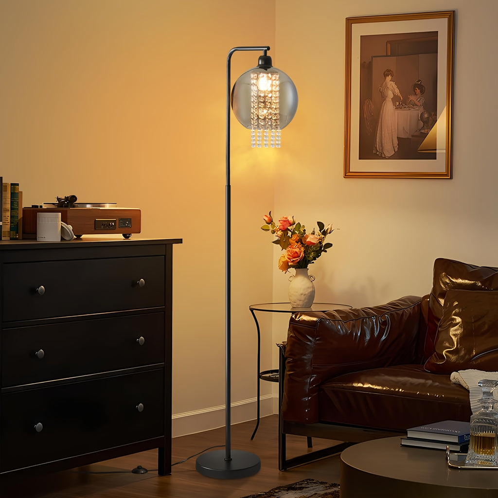 Lampe de bureau arceau à globe fumé et pampilles facettées