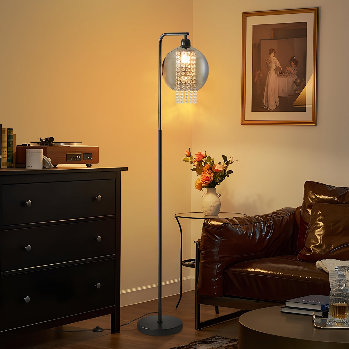 Lampe de bureau arceau à globe fumé et pampilles facettées