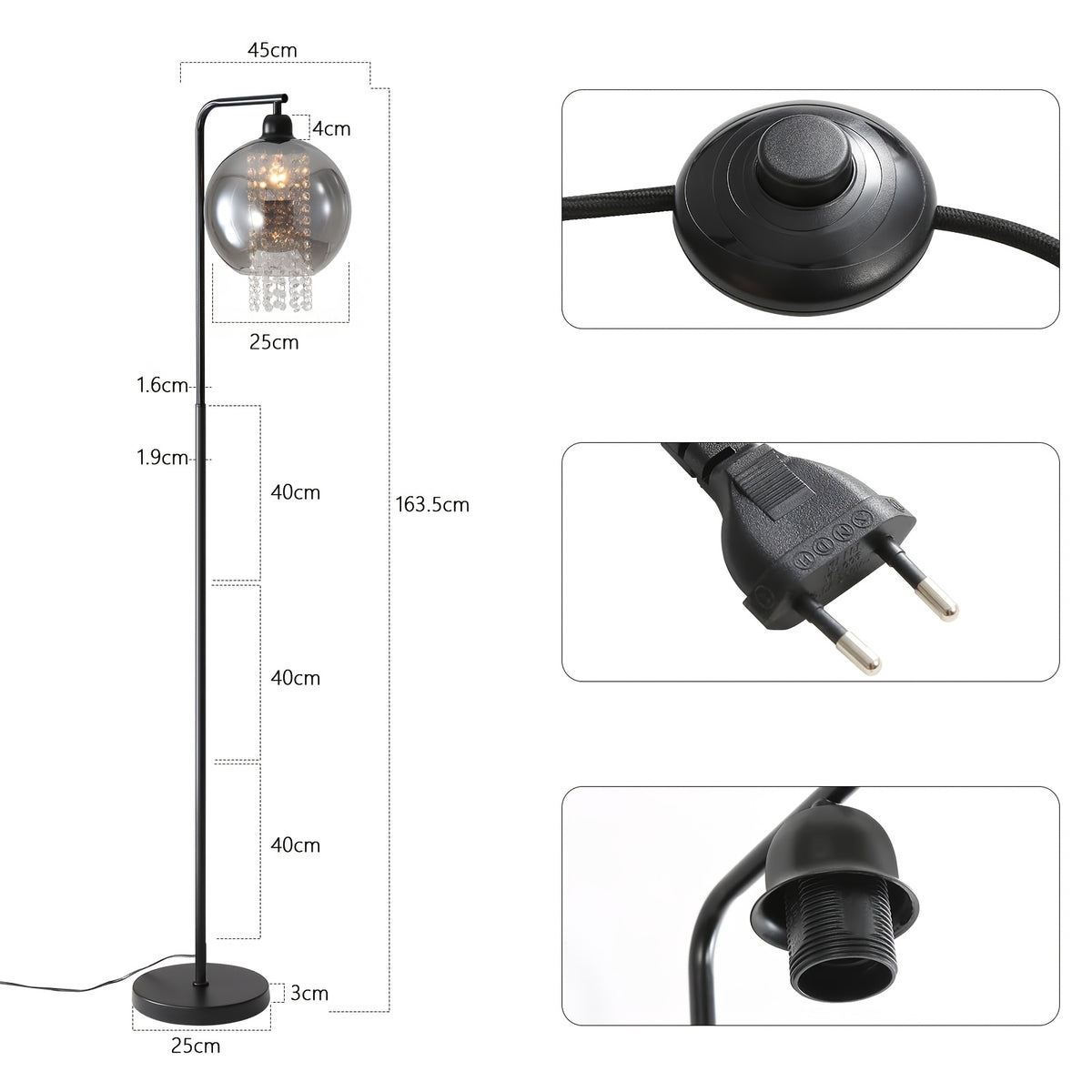 Lampe de bureau arceau à globe fumé et pampilles facettées