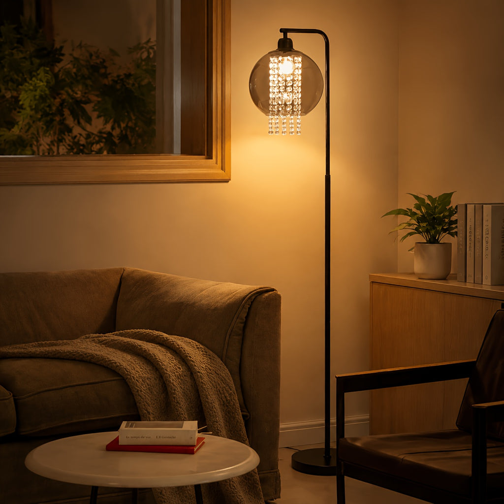 Lampe de bureau arceau à globe fumé et pampilles facettées