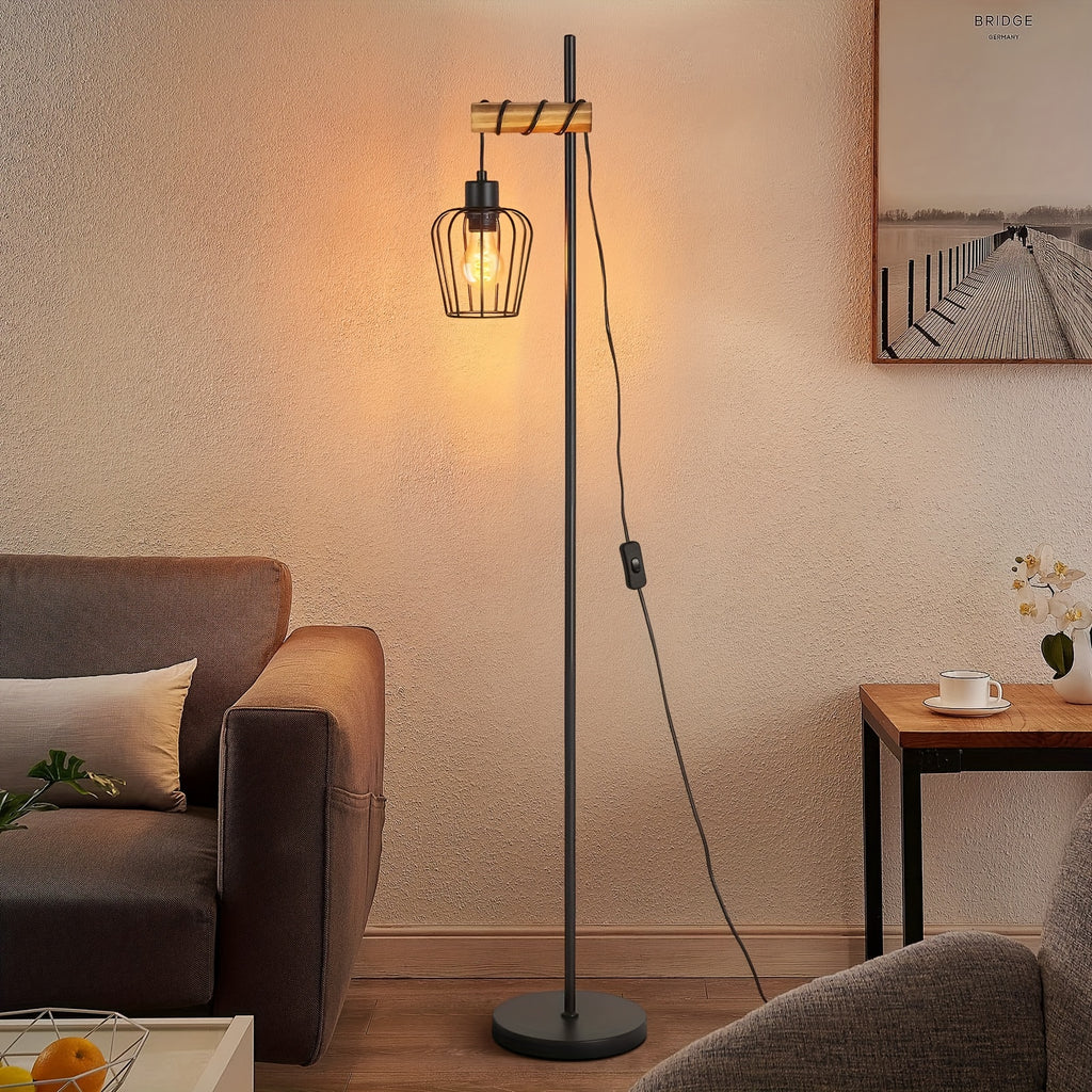 Lampe de bureau en bois et métal à cage E27, 151 cm de haut