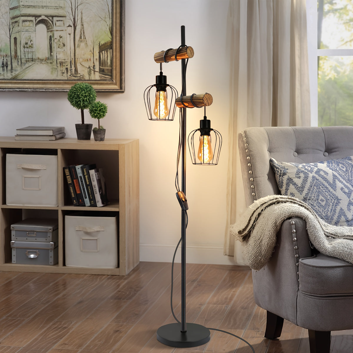 Lampe de bureau en bois et métal à cage E27, 151 cm de haut