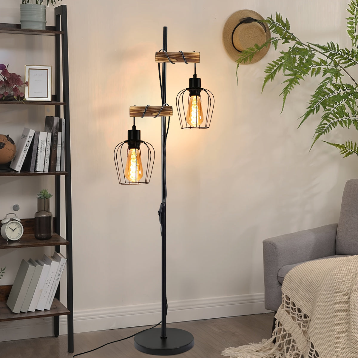 Lampe de bureau en bois et métal à cage E27, 151 cm de haut