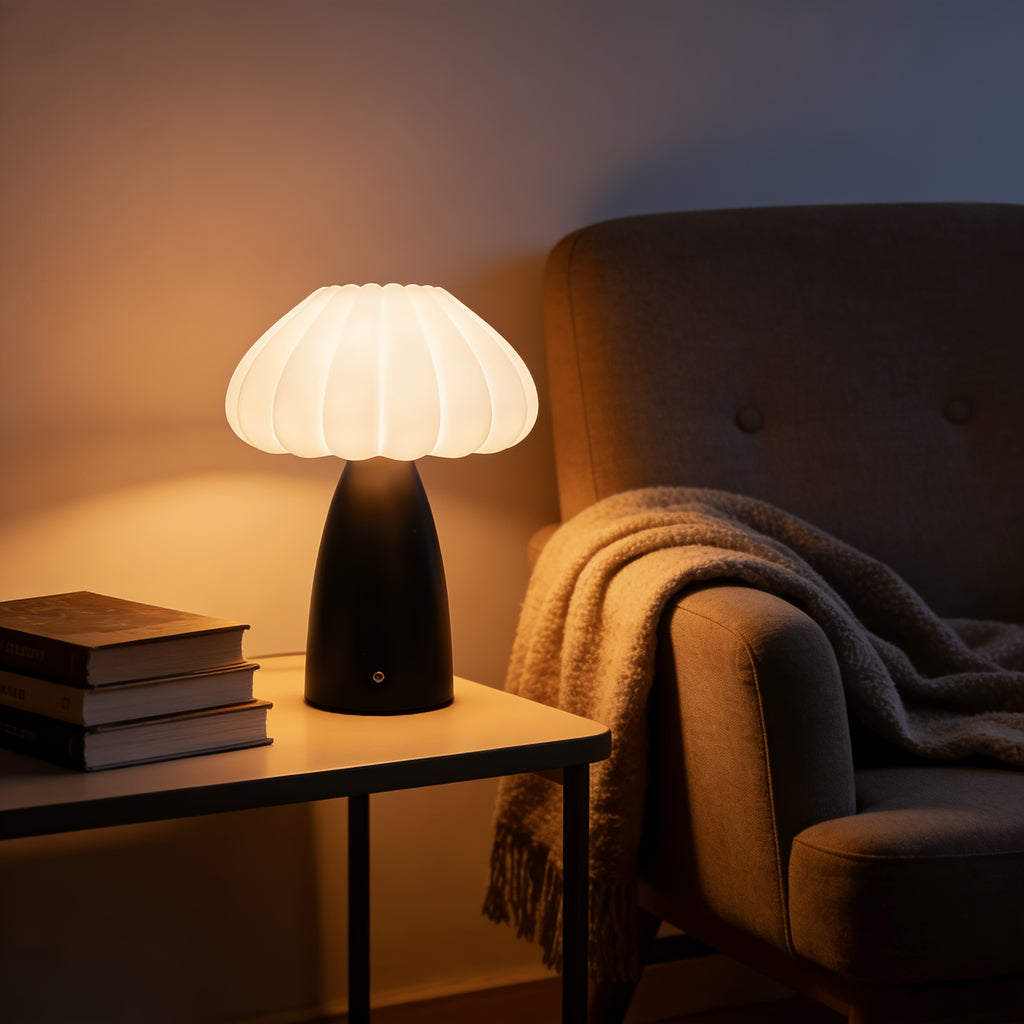 Lampe de bureau champignon plissée sans fil, 3 coloris mats