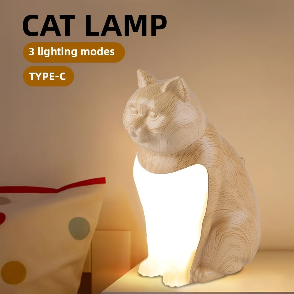 Une jolie lampe de bureau LED en forme de chat, fonction de variation de l'éclairement par long appui avec trois niveaux de luminosité réglables, lampe de chevet. Veilleuse artistique. Contrôle tactile et rechargeable, couleur bois. Cadeau pour Noël et le — photo 2