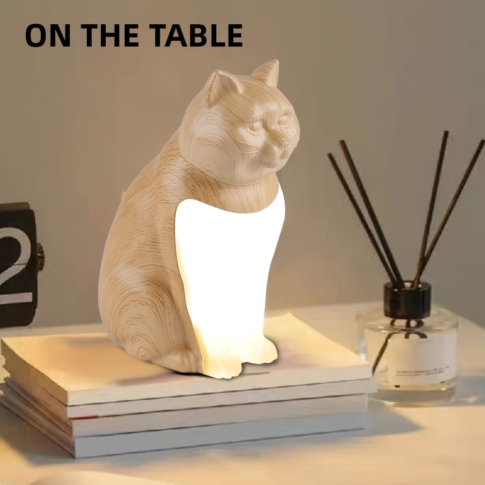 Une jolie lampe de bureau LED en forme de chat, fonction de variation de l'éclairement par long appui avec trois niveaux de luminosité réglables, lampe de chevet. Veilleuse artistique. Contrôle tactile et rechargeable, couleur bois. Cadeau pour Noël et le — photo 4