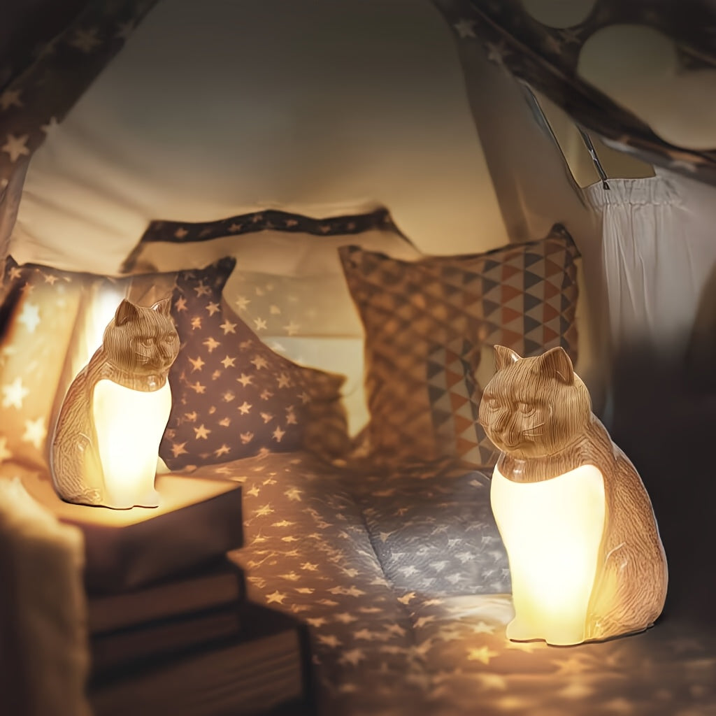 Une jolie lampe de bureau LED en forme de chat, fonction de variation de l'éclairement par long appui avec trois niveaux de luminosité réglables, lampe de chevet. Veilleuse artistique. Contrôle tactile et rechargeable, couleur bois. Cadeau pour Noël et le — photo 5 Image