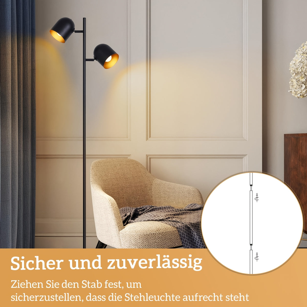 Lampe de bureau à deux têtes orientables, noir et doré 145 cm