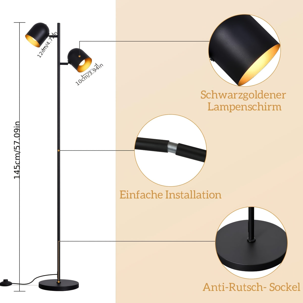 Lampe de bureau à deux têtes orientables, noir et doré 145 cm