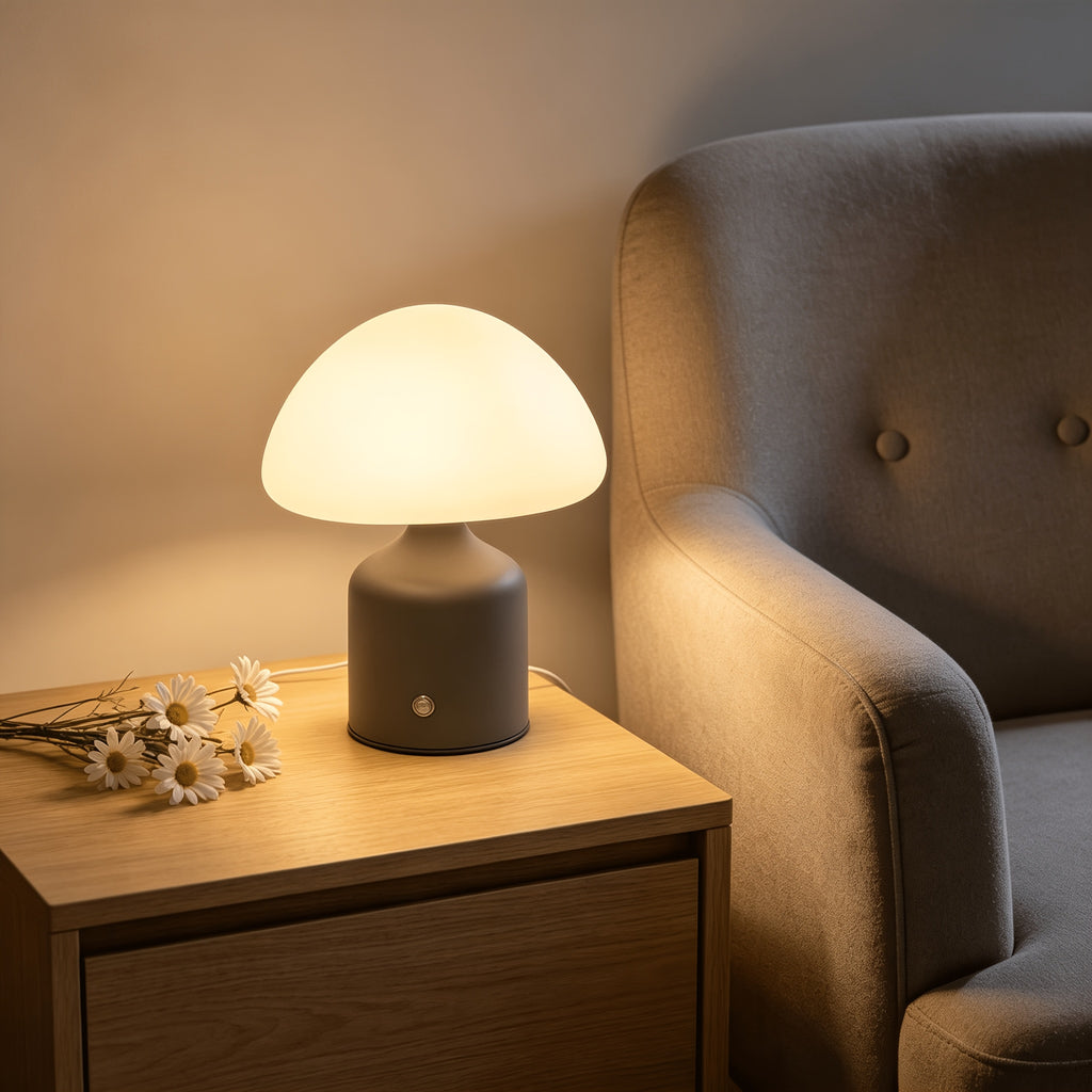 Lampe de bureau à dôme opale et socle en métal brossé mat