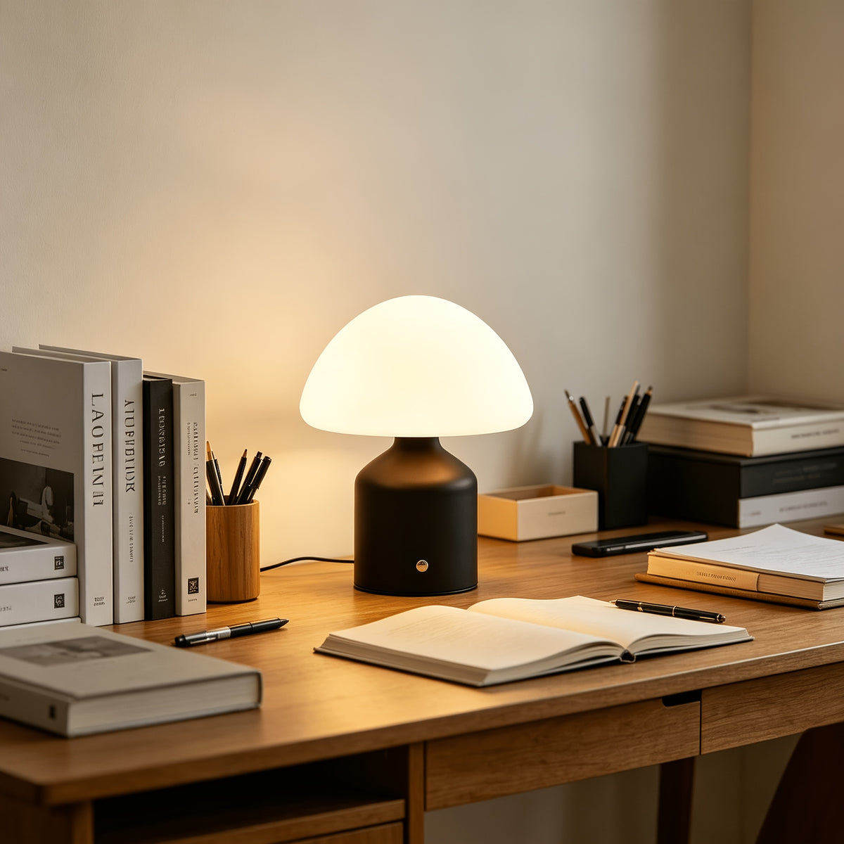 Lampe de bureau à dôme opale et socle en métal brossé mat