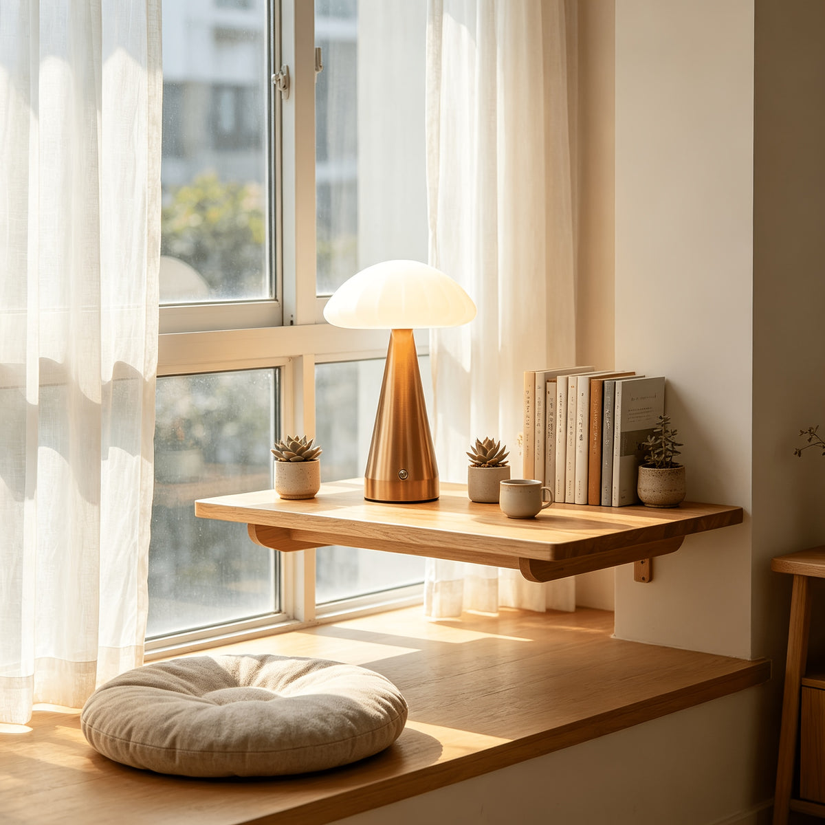 Lampe de bureau dorée à grand abat-jour plissé, sans fil