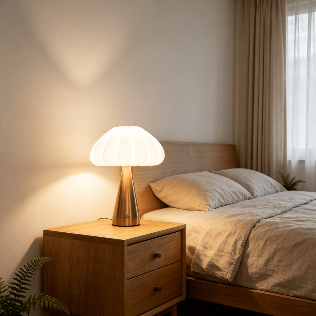 Lampe de bureau dorée à grand abat-jour plissé, sans fil