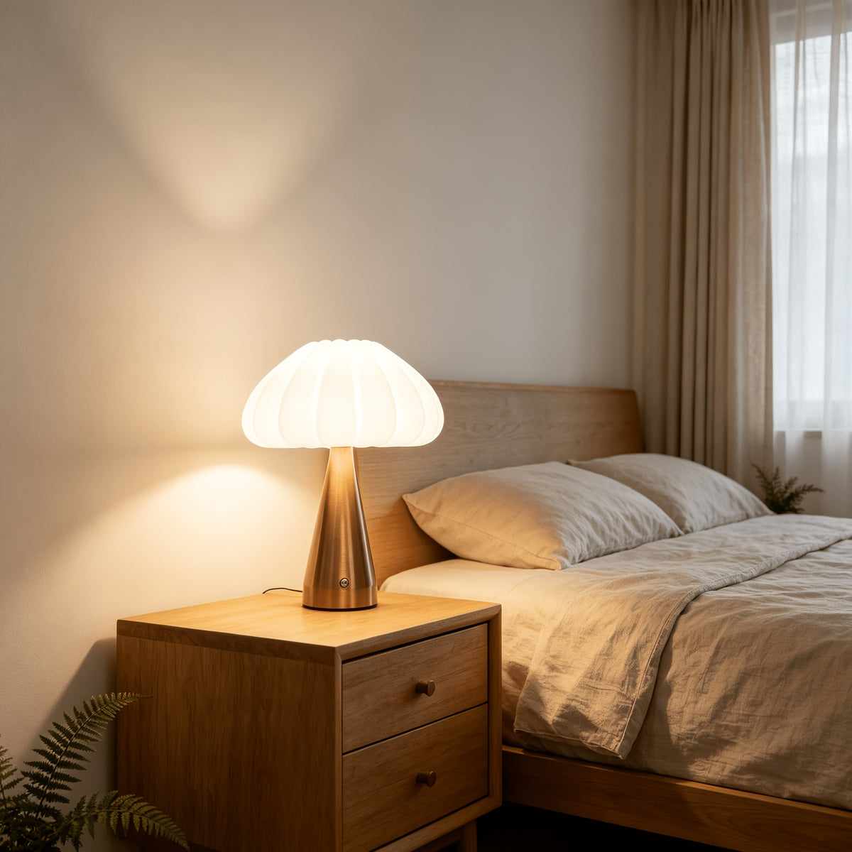 Lampe de bureau dorée à grand abat-jour plissé, sans fil