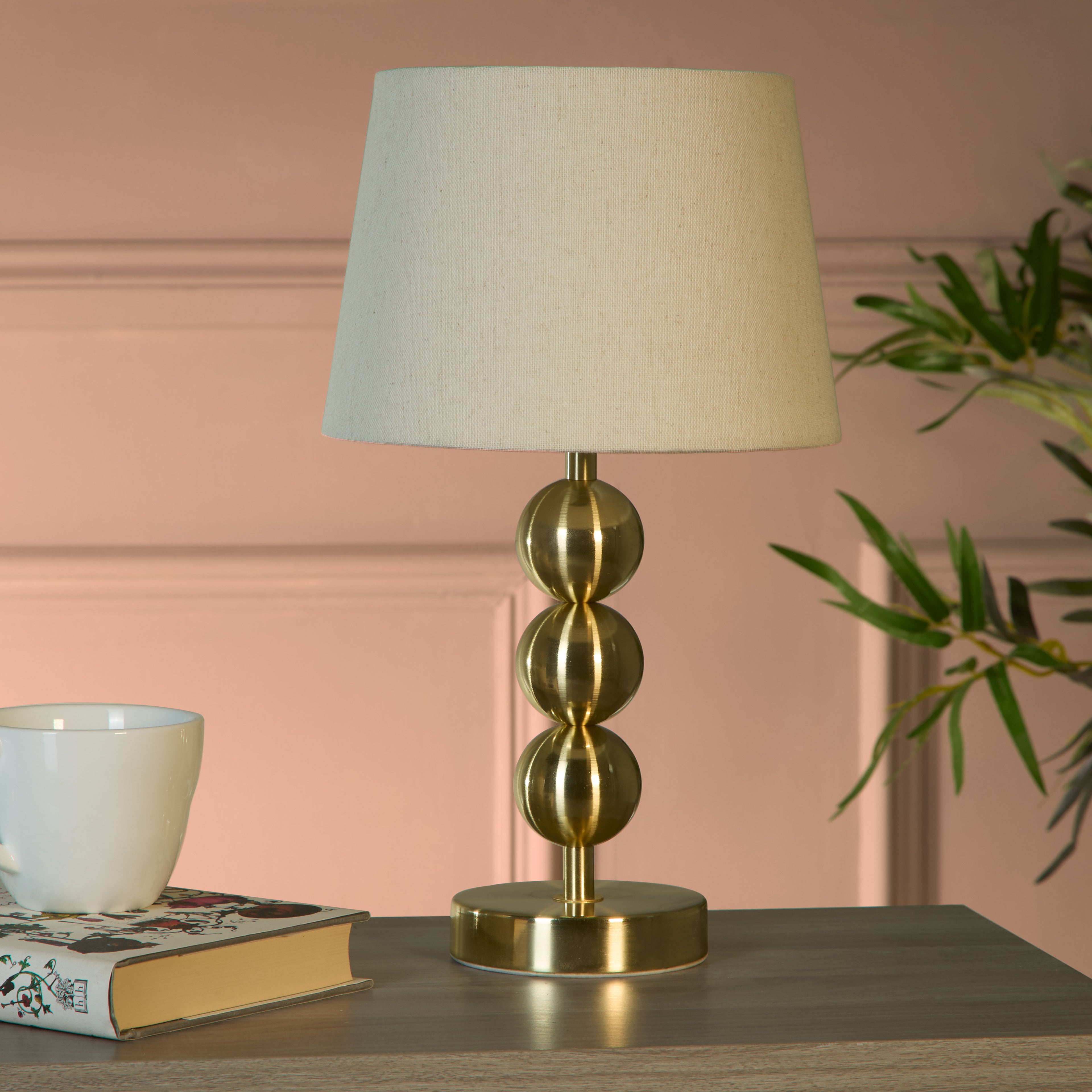 Lampe de bureau dorée à sphères - Abat-jour tissu écru — photo 1 Image