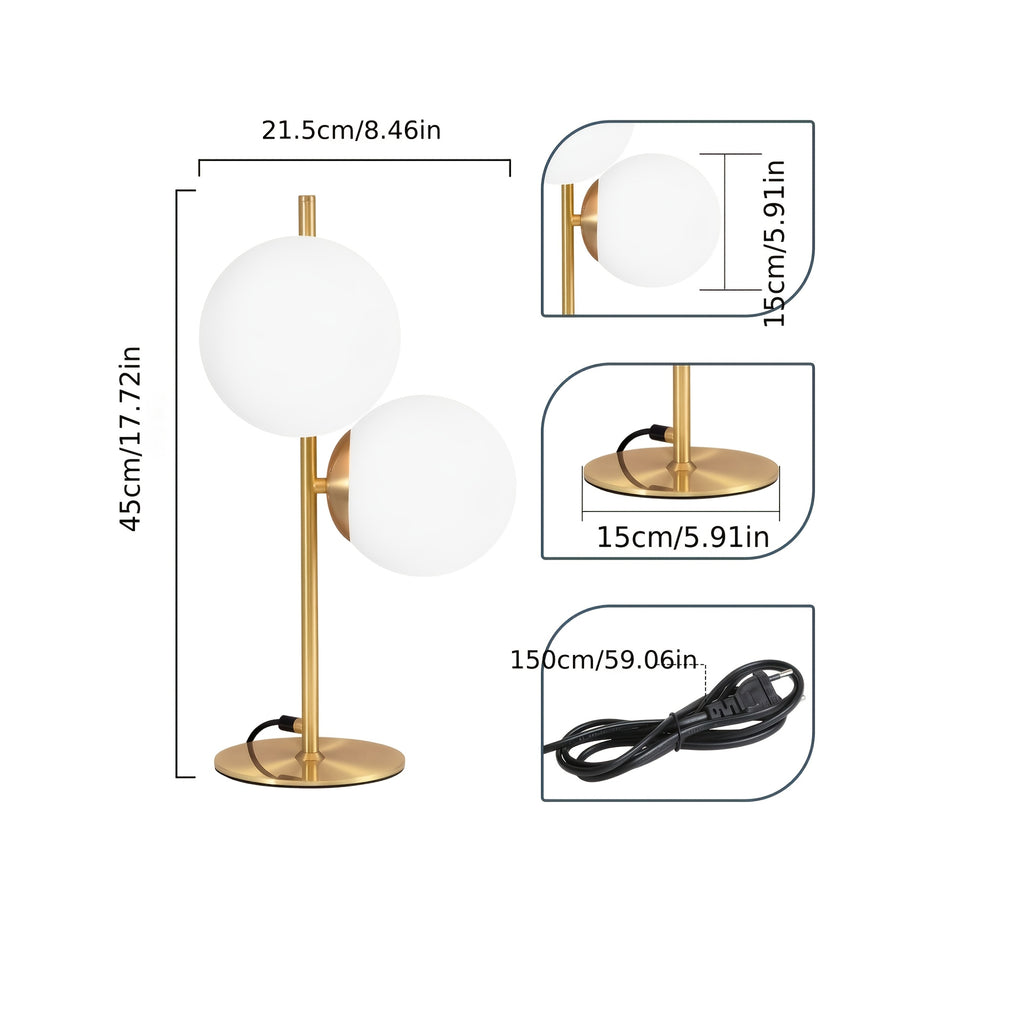 Lampe de bureau double sphère en verre opale de 45 cm de haut