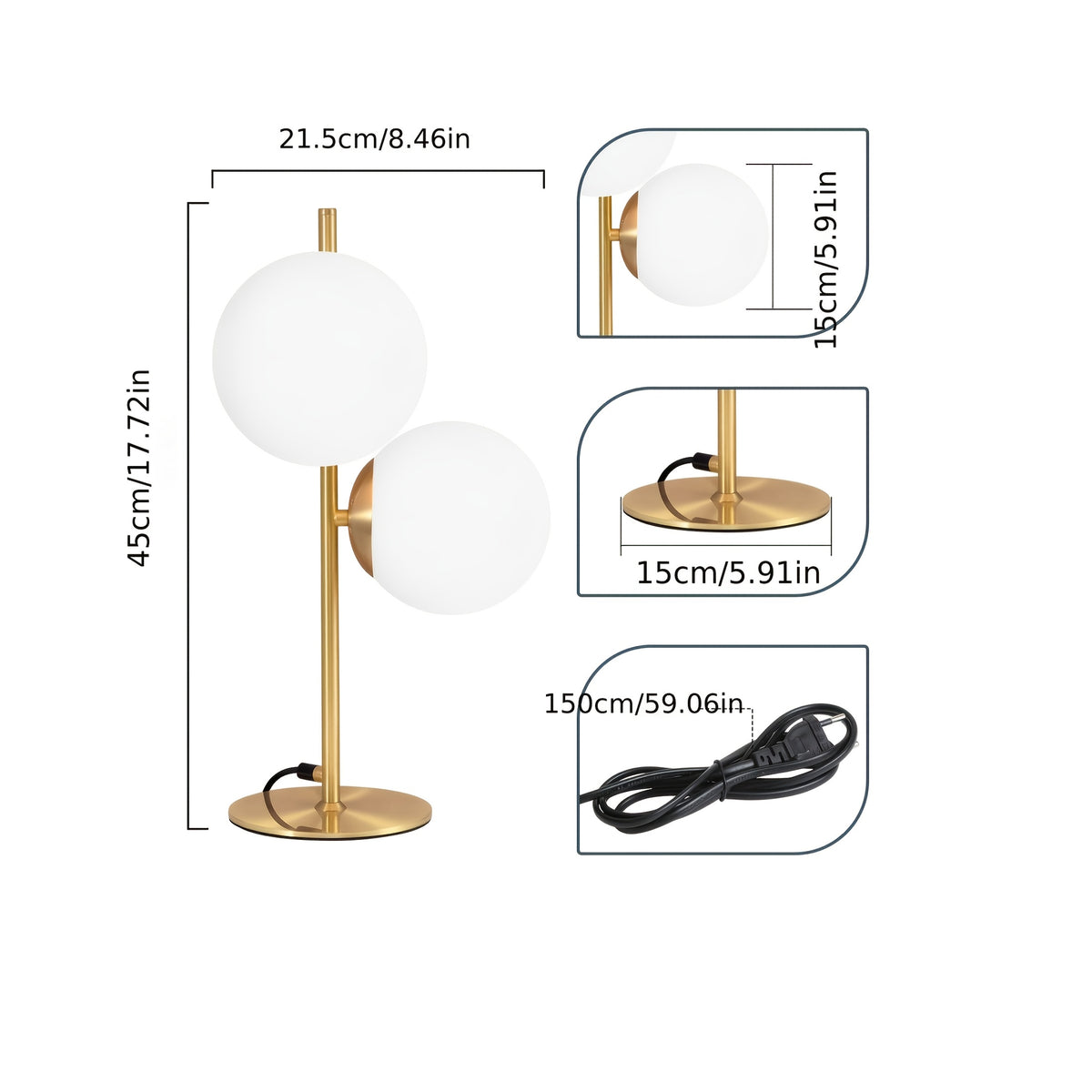 Lampe de bureau double sphère en verre opale de 45 cm de haut