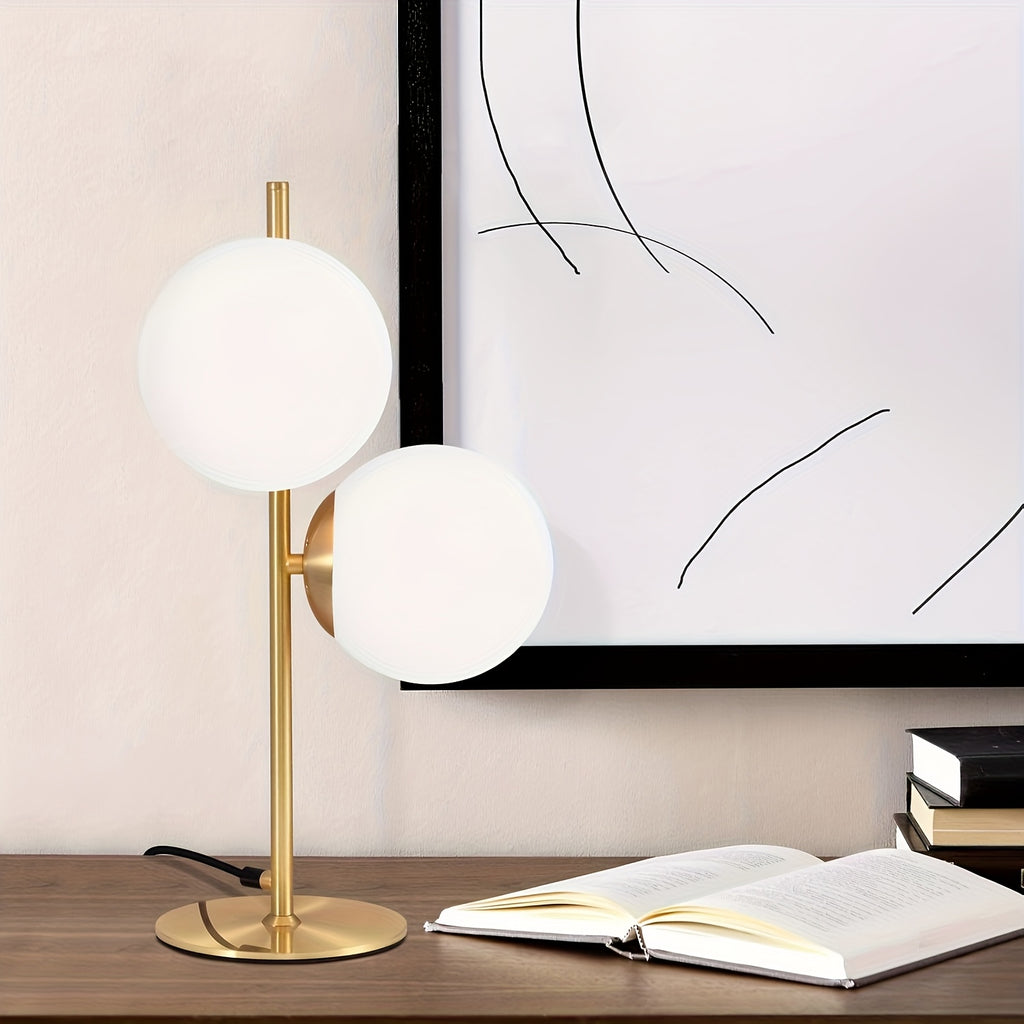 Lampe de bureau double sphère en verre opale de 45 cm de haut