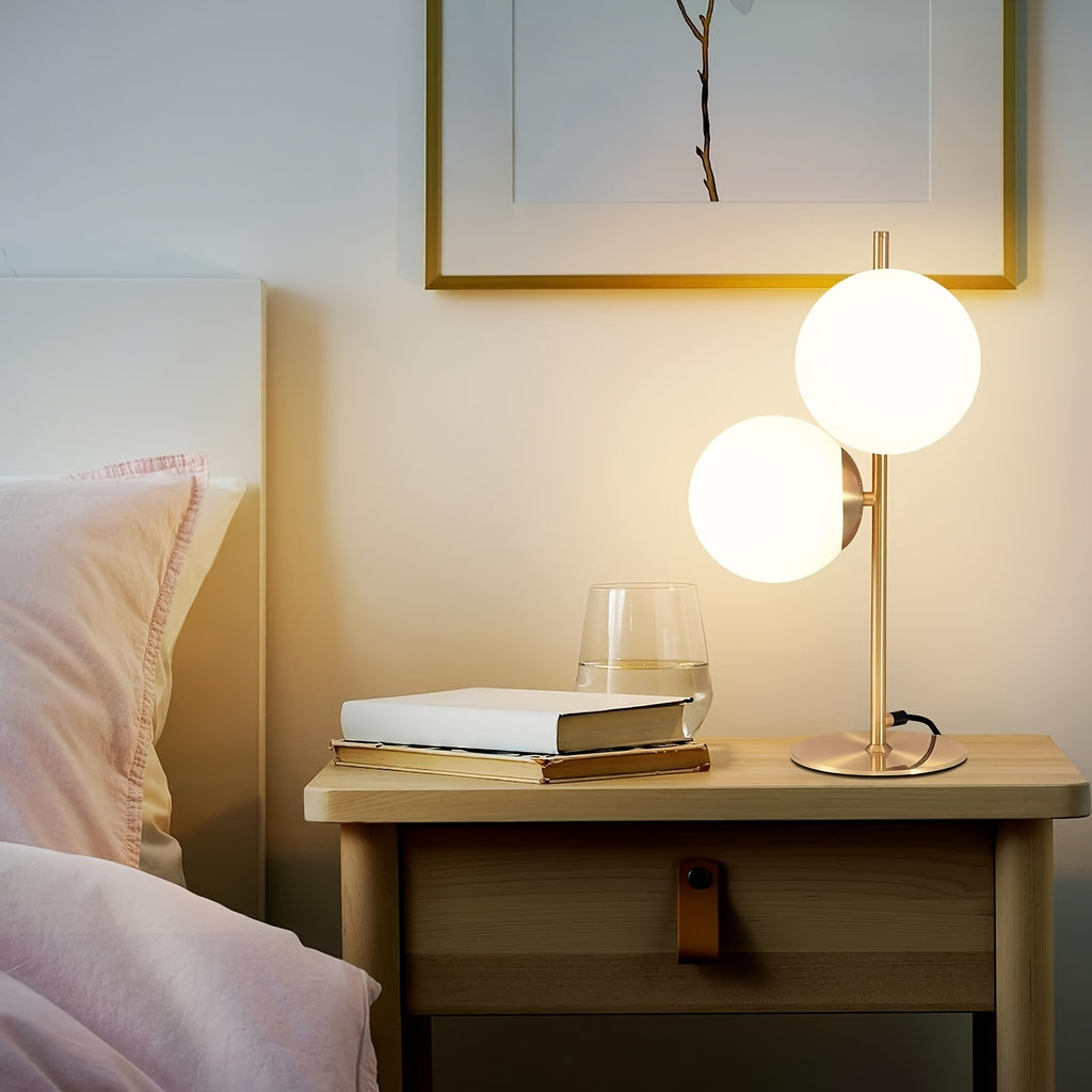 Lampe de bureau double sphère en verre opale de 45 cm de haut