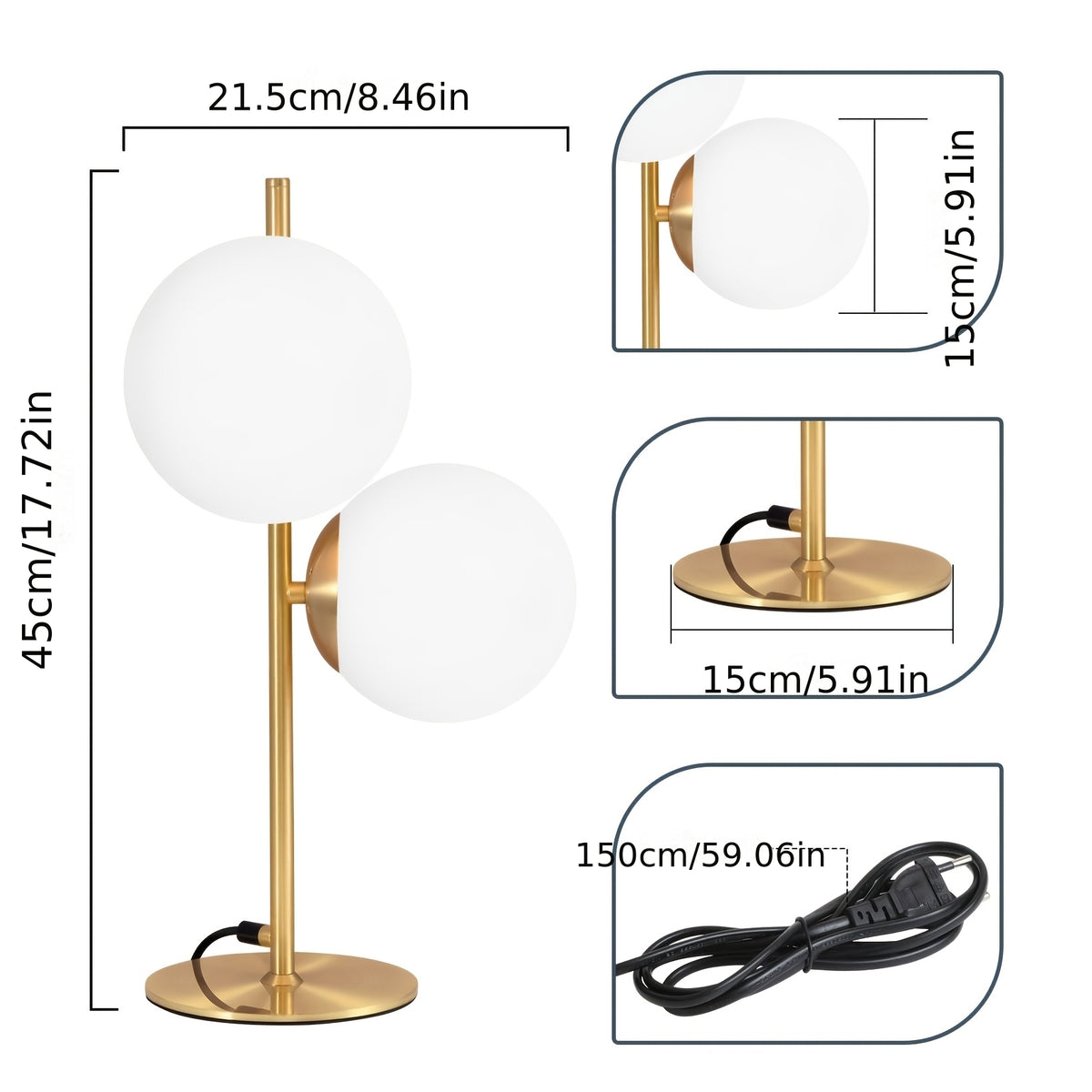 Lampe de bureau double sphère en verre opale de 45 cm de haut