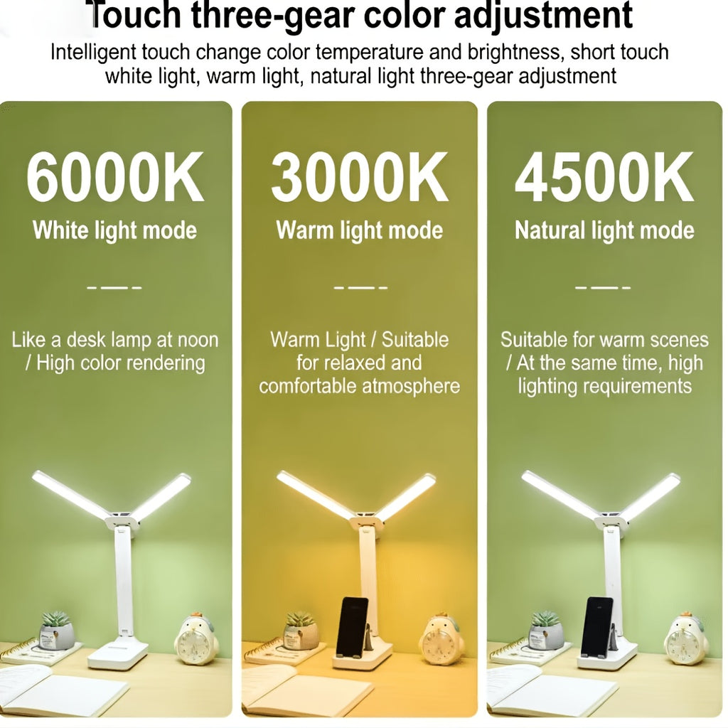 Lampe de bureau pliante à deux bras de 22 cm, rechargeable