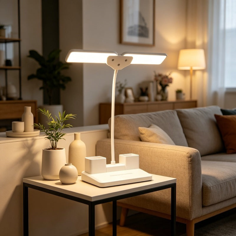 Lampe de bureau LED à deux barres blanches et pot à crayons