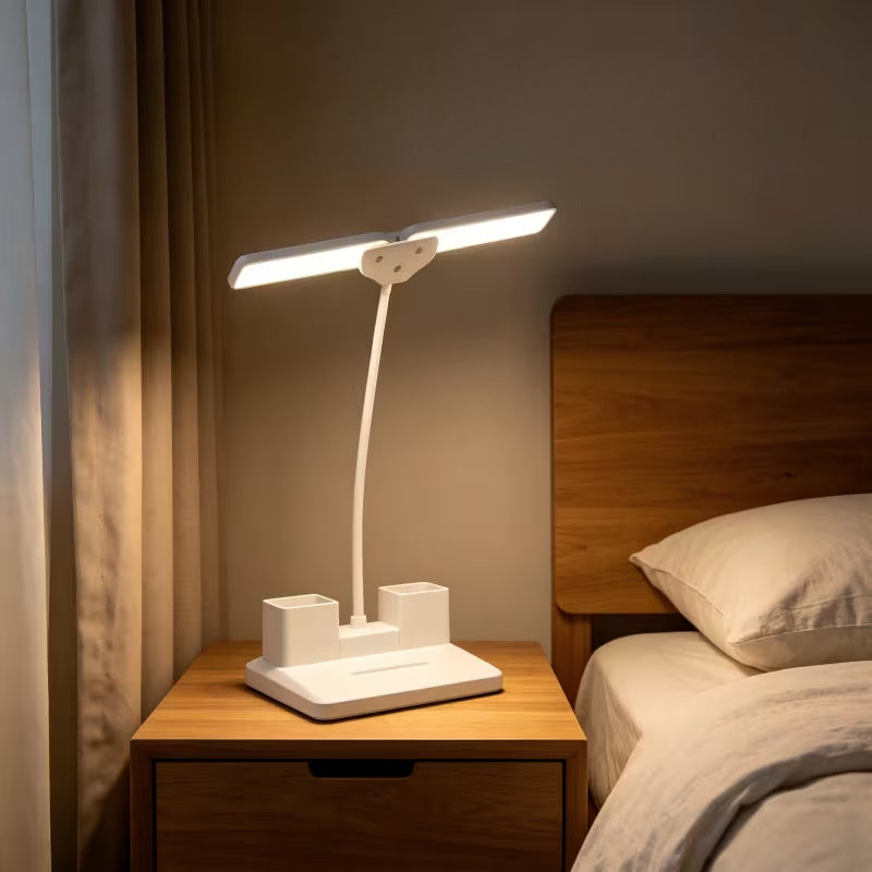Lampe de bureau LED à deux barres blanches et pot à crayons